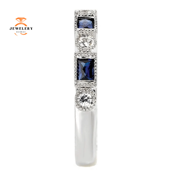 14KT WHITE GOLD 1/2 CTW SAPPHIRE & 1/10 CTW DIAMOND MILGRAIN BAND - Image 2