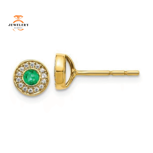 14KT YELLOW GOLD 0.21 CTW EMERALD & 0.09 CTW DIAMOND HALO EARRINGS