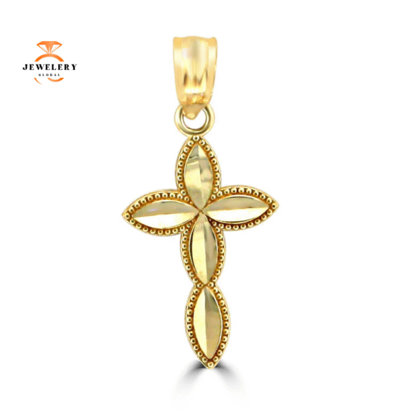 14KT Yellow Gold Small Diamond Cut & Beaded Cross