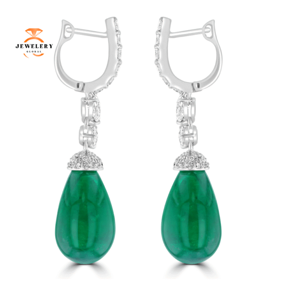 18K WHITE GOLD 34.35CT EMERALD & 2.02CT DIAMOND DANGLE LEVERBACK EARRINGS - Image 2