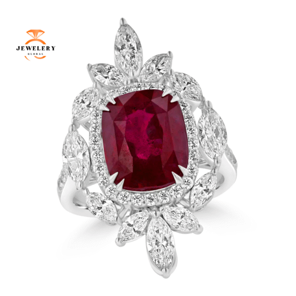 JULEVE 18KT WHITE GOLD 6.03 CT RUBY & 2.01 CTW DIAMOND HALO RING