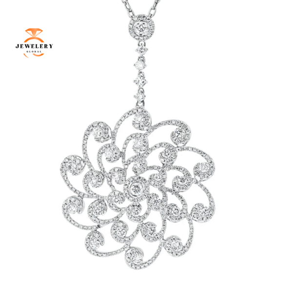 18KT White Gold 2.66 CTW Diamond Swirl Flower Pendant