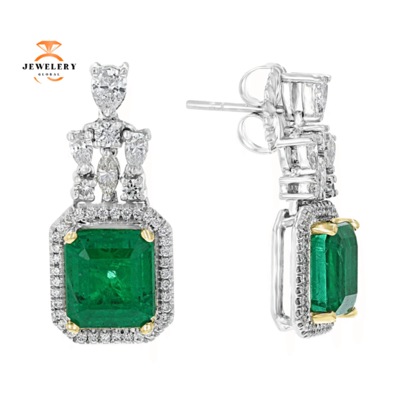 Juleve 7.31 CTW Emerald & 1.55 CTW Diamond Halo Drop Earrings