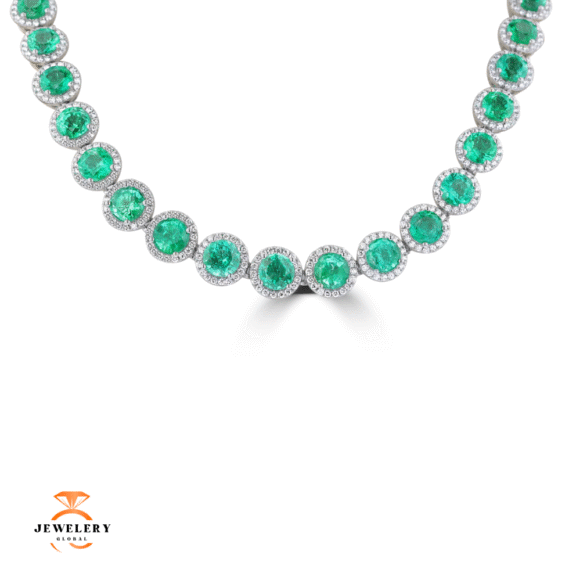 18K WHITE GOLD 44.57 CTW EMERALD & 7.24 CTW DIAMOND HALO NECKLACE