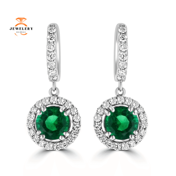 JULEVE 2.54 CTW EMERALD & 0.92 CTW DIAMOND HALO DROP EARRINGS