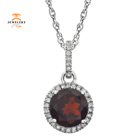 14KT WHITE GOLD 1.60 CT GARNET & .10 CTW DIAMOND HALO NECKLACE