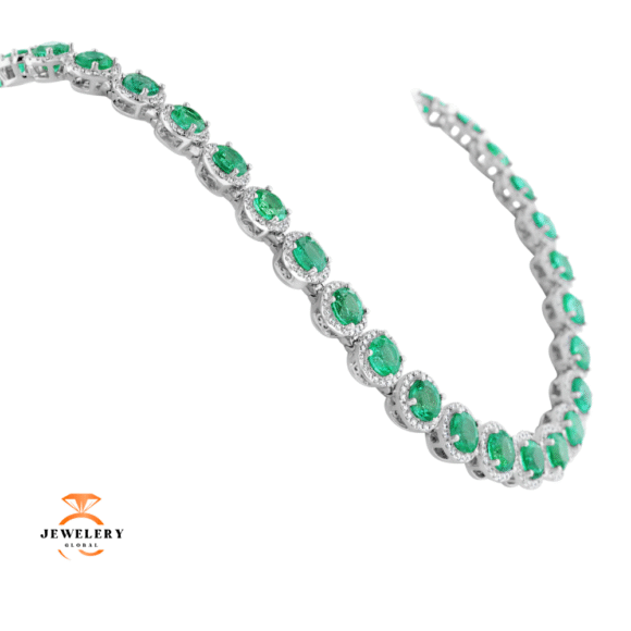 18K WHITE GOLD 44.57 CTW EMERALD & 7.24 CTW DIAMOND HALO NECKLACE - Image 2