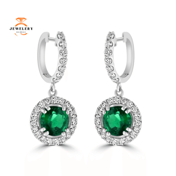 JULEVE 2.54 CTW EMERALD & 0.92 CTW DIAMOND HALO DROP EARRINGS - Image 2