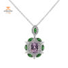 JULEVE 7.42 CT KUNZITE, 1.69 CTW TSAVORITE GARNET & 1.29 CTW DIAMOND HALO PENDANT
