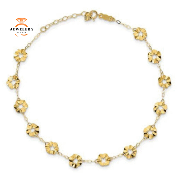 14KT YELLOW GOLD ADJUSTABLE OPEN FLOWER ANKLET - Image 2