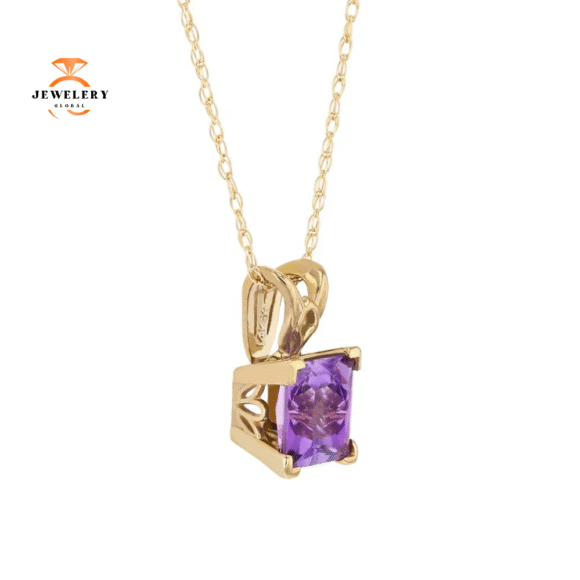 14KT YELLOW GOLD PRINCESS CUT AMETHYST NECKLACE - Image 2