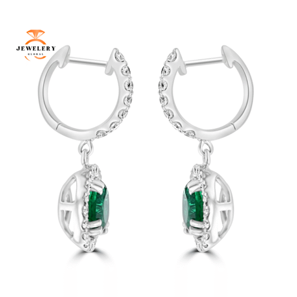 JULEVE 2.54 CTW EMERALD & 0.92 CTW DIAMOND HALO DROP EARRINGS - Image 3