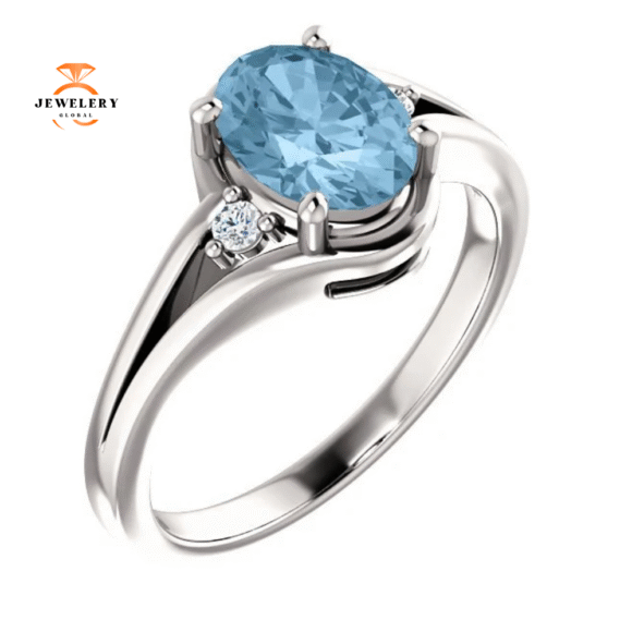 14KT WHITE GOLD 1.60 CT SKY BLUE TOPAZ & 1/20 CTW DIAMOND ACCENT RING