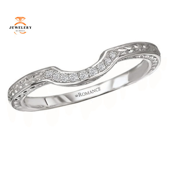 14KT WHITE GOLD 1/20 CTW DIAMOND ENGRAVED CURVE BAND