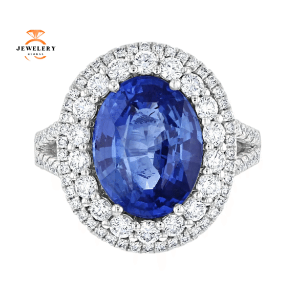 JULEVE 7.54 CT SAPPHIRE & 2.08 CTW DIAMOND OVAL HALO RING