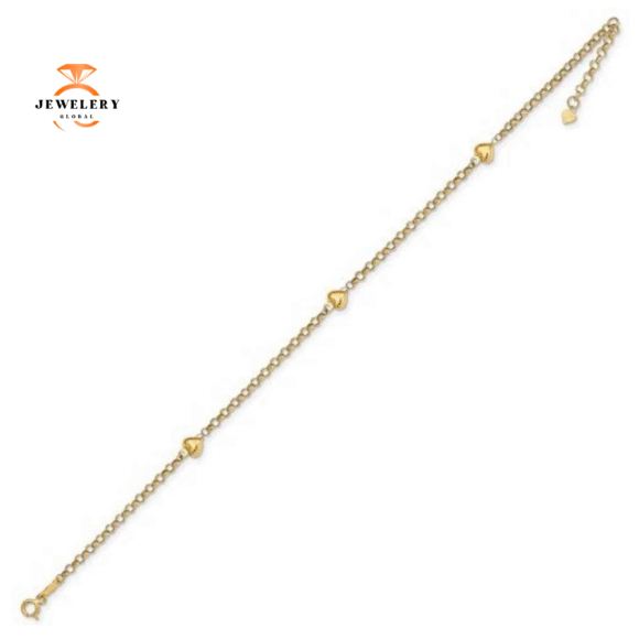 14KT YELLOW GOLD PUFF HEART CABLE CHAIN ANKLET - Image 2