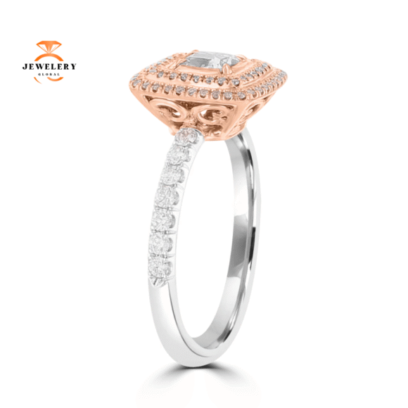 18KT TWO-TONE GOLD 0.96 CTW LIGHT GREEN, PINK, NEAR COLORLESS DOUBLE HALO RING - Image 3