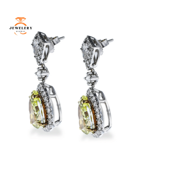 18KT WHITE GOLD 6.27CTW YELLOW DIAMOND & 1.29CTW DIAMOND DANGLE EARRINGS - Image 2