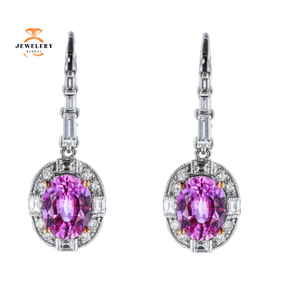 JULEVE 18KT WHITE GOLD 3.74CT PINK SAPPHIRE & 1.10CTW DIAMOND HALO EARRINGS