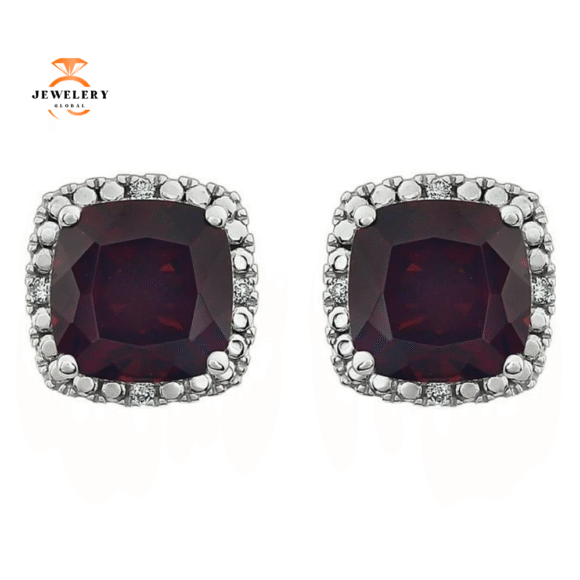 14KT WHITE GOLD CUSHION GARNET & .06 CTW DIAMOND HALO EARRINGS - Image 2