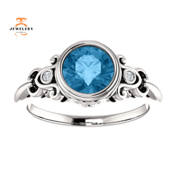 14KT WHITE GOLD 1.30 CT BLUE TOPAZ & 1/10 CTW DIAMOND BEZEL-SET RING - Image 3
