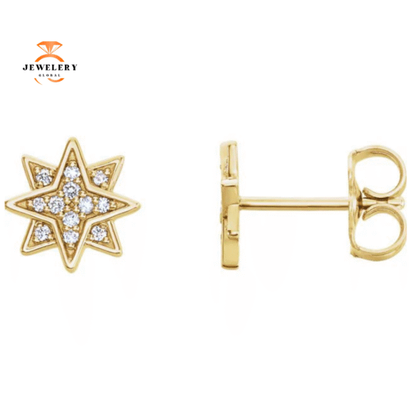 14KT Yellow Gold Round Diamond Star Earrings - Image 2