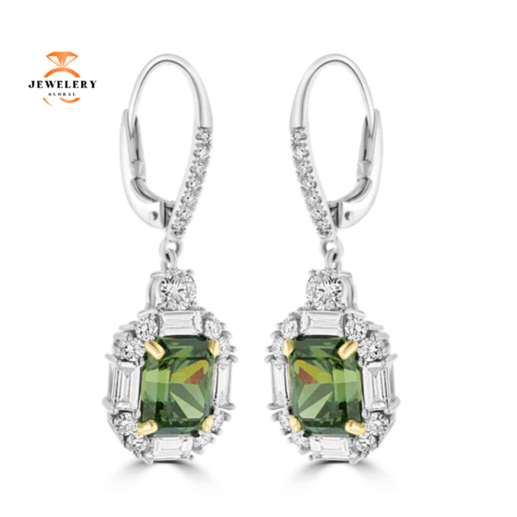 JULEVE 18KT WHITE GOLD 5.06CT GREEN GARNET & 1.44CTW DIAMOND DANGLE EARRINGS - Image 2