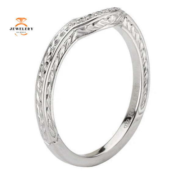 14KT WHITE GOLD 1/20 CTW DIAMOND ENGRAVED CURVE BAND - Image 3