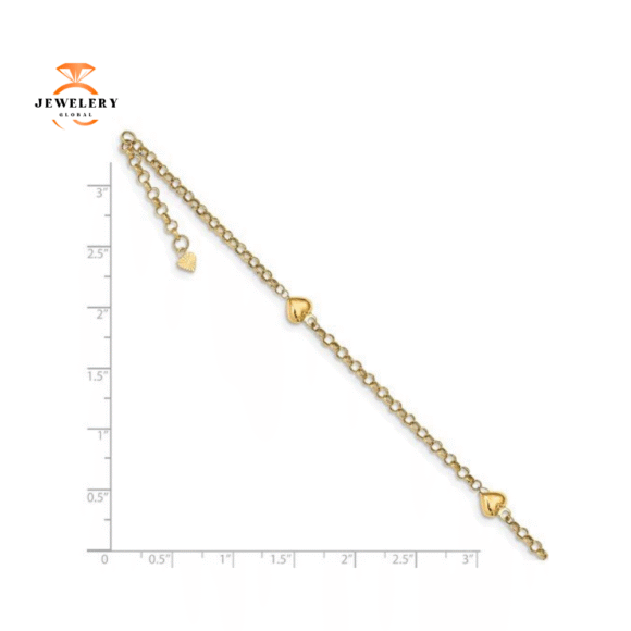 14KT YELLOW GOLD PUFF HEART CABLE CHAIN ANKLET - Image 3