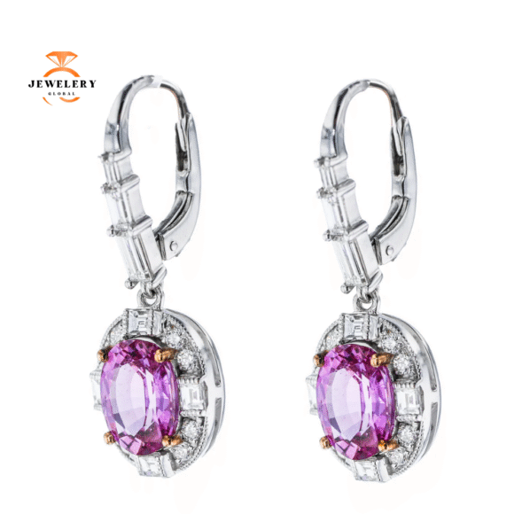 JULEVE 18KT WHITE GOLD 3.74CT PINK SAPPHIRE & 1.10CTW DIAMOND HALO EARRINGS - Image 2