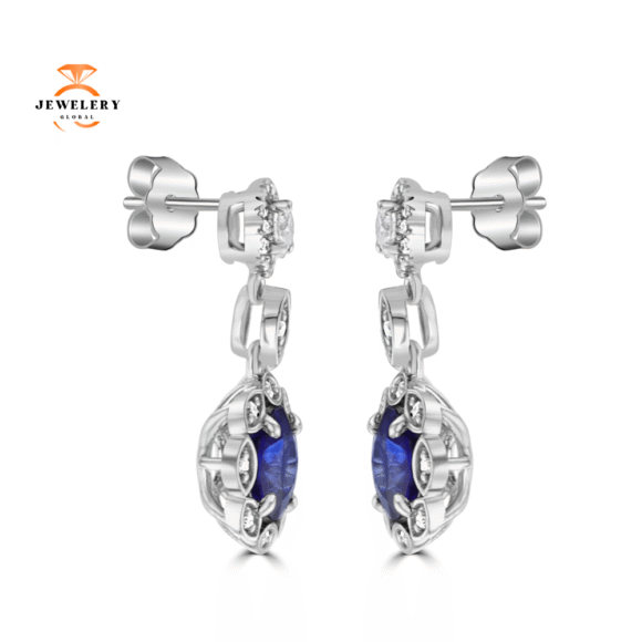 JULEVE 2.60 CTW SAPPHIRE & 0.54 CTW DIAMOND HALO DROP EARRINGS - Image 2