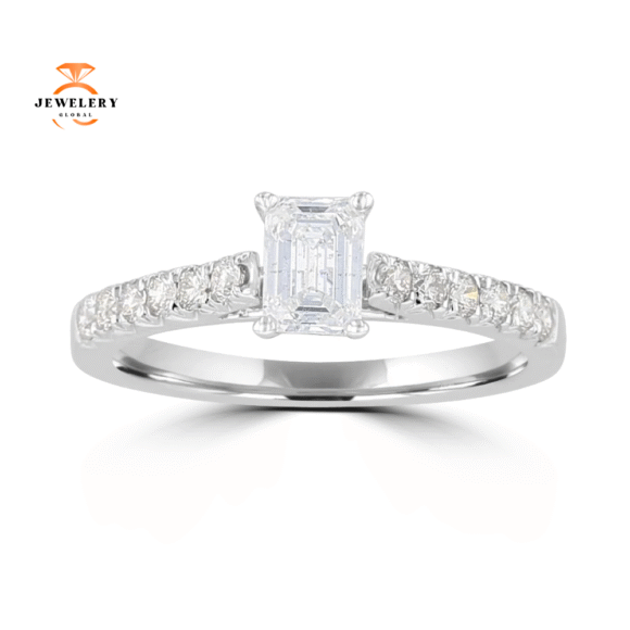 14KT White Gold 3/4 CTW Emerald Diamond Cathedral Ring