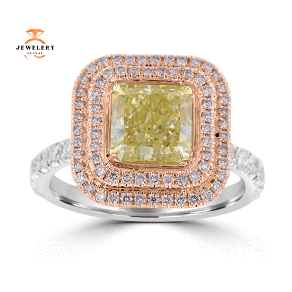 18KT TWO-TONE GOLD 2.75 CTW GREENISH YELLOW & PINK DIAMOND DOUBLE HALO RING