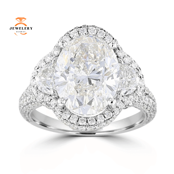 18KT White Gold 6.74 CTW Oval 3-Stone Diamond Halo Ring