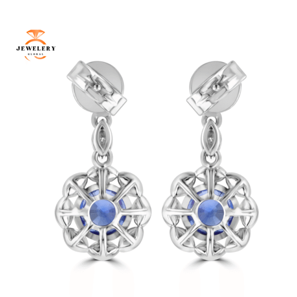 JULEVE 2.60 CTW SAPPHIRE & 0.54 CTW DIAMOND HALO DROP EARRINGS - Image 3