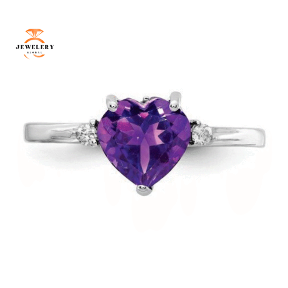 14KT WHITE GOLD 7MM HEART AMETHYST AND DIAMOND RING
