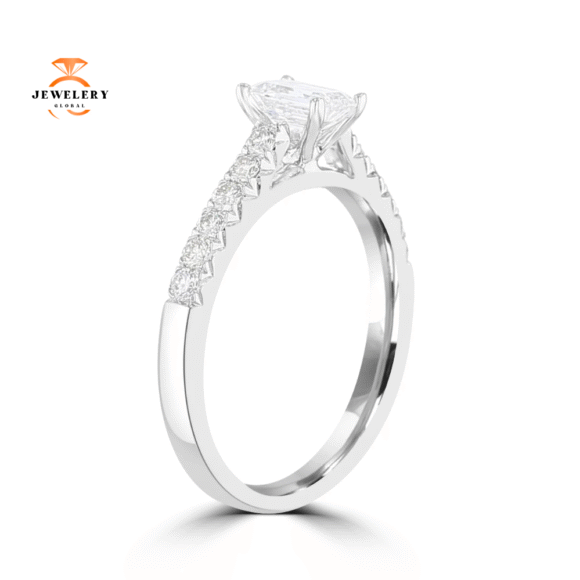 14KT White Gold 3/4 CTW Emerald Diamond Cathedral Ring - Image 3