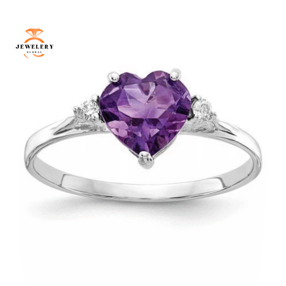 14KT WHITE GOLD 7MM HEART AMETHYST AND DIAMOND RING - Image 2