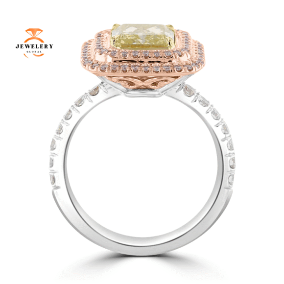 18KT TWO-TONE GOLD 2.75 CTW GREENISH YELLOW & PINK DIAMOND DOUBLE HALO RING - Image 2