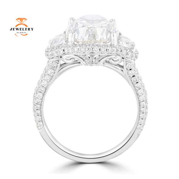 18KT White Gold 6.74 CTW Oval 3-Stone Diamond Halo Ring - Image 2