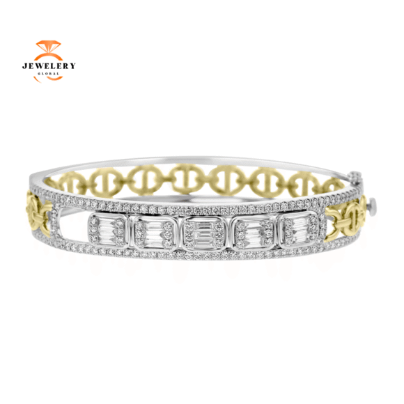18K YELLOW AND WHITE GOLD 2.79CT DIAMOND SLIDE BANGLE BRACELET