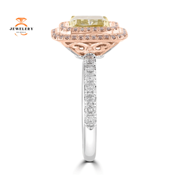 18KT TWO-TONE GOLD 2.75 CTW GREENISH YELLOW & PINK DIAMOND DOUBLE HALO RING - Image 3