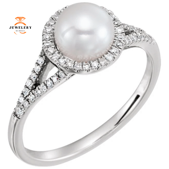 14KT WHITE GOLD PEARL & 1/6 CTW DIAMOND HALO RING