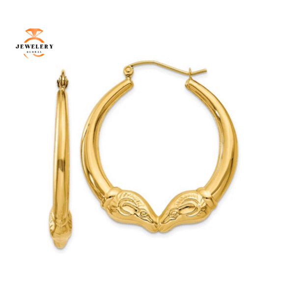 14KT YELLOW GOLD RAMS HEAD HOOP EARRINGS