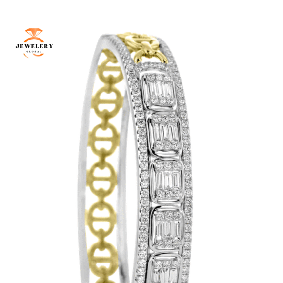 18K YELLOW AND WHITE GOLD 2.79CT DIAMOND SLIDE BANGLE BRACELET - Image 2