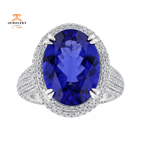 18KT 9.47 CT TANZANITE & 2.83 CTW DIAMOND PAVÉ HALO ETERNITY RING