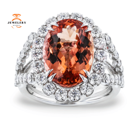 JULEVE 18KT WHITE GOLD 6.27CT IMPERIAL TOPAZ & 1.67CTW DIAMOND HALO RING