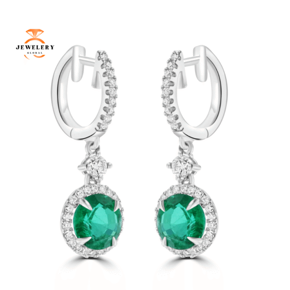 JULEVE 2.69 CTW EMERALD & 0.59 CTW DIAMOND HALO DROP EARRINGS - Image 2