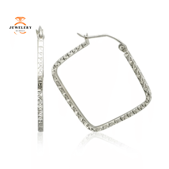14KT WHITE GOLD SQUARE DIAMOND CUT HOOP EARRINGS