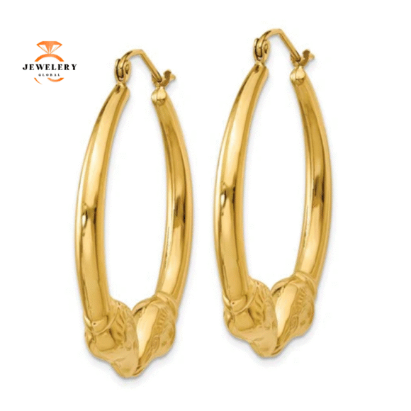 14KT YELLOW GOLD RAMS HEAD HOOP EARRINGS - Image 3